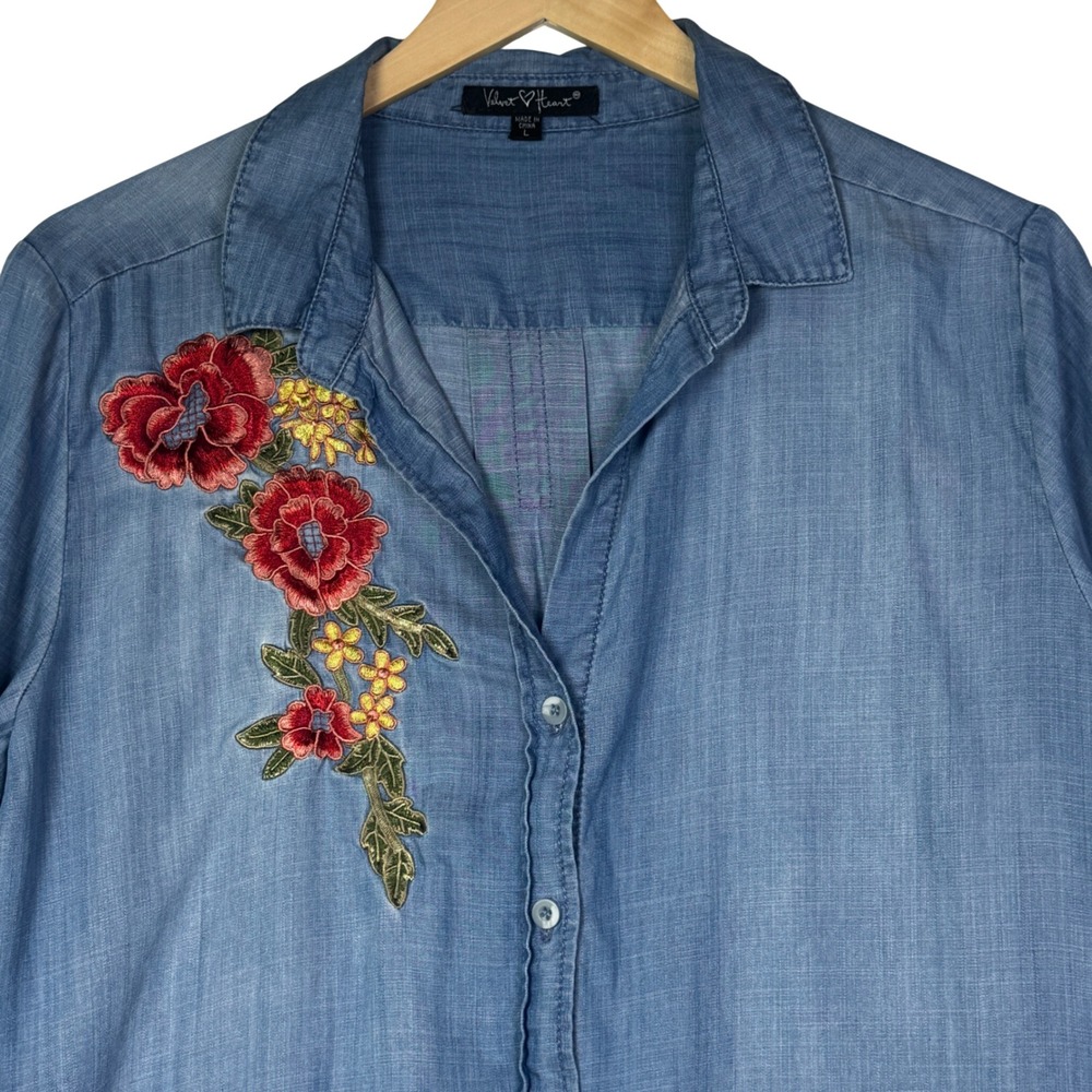Velvet Heart‎ Womens Size Large Blue Tencel Chambray Button Down Shirt Boho